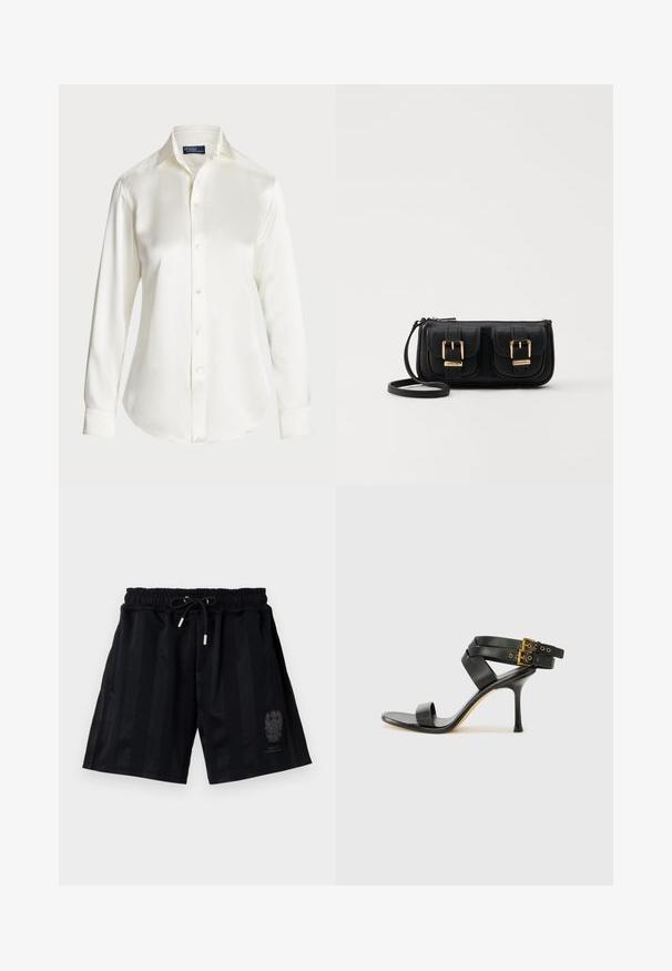 Bílá košile s dlouhým rukávem a knoflíkovým zapínáním, vyrobená z hladkého materiálu, s klasickým límcem a jemným leskem, s zaobleným spodním lemem a detaily na knoflících.; Černé sportovní šortky s elastickým pasem a stahovací šňůrkou, s vodorovnými pruhy a nenápadným emblémem na levé noze.; Černé sandály na podpatku s kříženými popruhy a nastavitelnou sponou. Mají hladký povrch a špičatý stiletto podpatek.; Černá kožená crossbody taška se dvěma předními kapsami, zlatými přezkami, zipovým uzávěrem a štíhlým popruhem. Texturovaný povrch a kompaktní obdélníkový tvar.