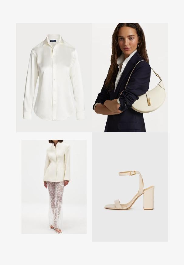Camisa blanca de manga larga y botones, hecha de una tela suave, con un cuello clásico y un brillo sutil, con un dobladillo redondeado y detalles de botones.; Blazer blanco estructurado con cuello afilado, combinado con pantalones largos de encaje transparente con estampados florales y una silueta ajustada.; Sandalia de tacón alto beige con punta cuadrada, tira delgada en el tobillo y tacón ancho. Textura de cuero suave con un detalle de hebilla dorada.; Bolso de mano de cuero blanco con forma curva, herrajes dorados y un acabado texturizado, llevado sobre un blazer oscuro y una camisa blanca.