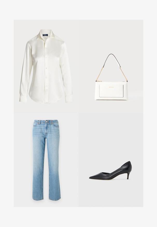 Balta garām piedurknēm pogājamā krekla, izgatavota no gludas auduma, ar klasisku apkakli un maigu spīdumu, noapaļotiem malām un pogu detaļām.; RE/DONE THE SANASA - Brīva piegriezuma džinsi - media noche; Melna ādas kurpe ar smailu purngalu un zemu papēdi. Raksturota ar gludu tekstūru un smalku spīdumu. Priekša ar atvērtu izgriezumu papildu detaļai.; Baltā ādas rokassomu ar teksturētu apdari, ar zelta ķēdes siksnu un melniem akcentiem. Iekļauj priekšējo kabatu un aizdari ar rāvējslēdzēju.