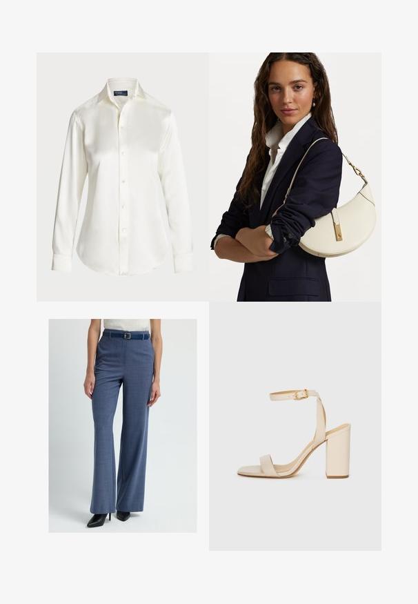 Valkoinen pitkähihainen nappipaita, joka on valmistettu sileästä kankaasta. Paidassa on klassinen kaulus ja hienovarainen kiilto, pyöristetty helma sekä napitusyksityiskohdat.; Siniset ruudulliset housut, joissa on muotoiltu malli, korkea vyötärö ja levenevät lahkeet. Varusteena on yhteensopiva vyö ja sileä, jämäkkä rakenne.; Beige sandaalit korkealla korolla, jossa on neliömäinen varvas, ohut nilkkaremmi ja paksu korko. Silkkinen nahkapinta kultaisella soljella.; Valkoinen nahkalaukku, jossa on kaareva muoto, kultaiset yksityiskohdat ja teksturoitu pinta, pukeutuneena tumman bleiserin ja valkoisen paidan päälle.