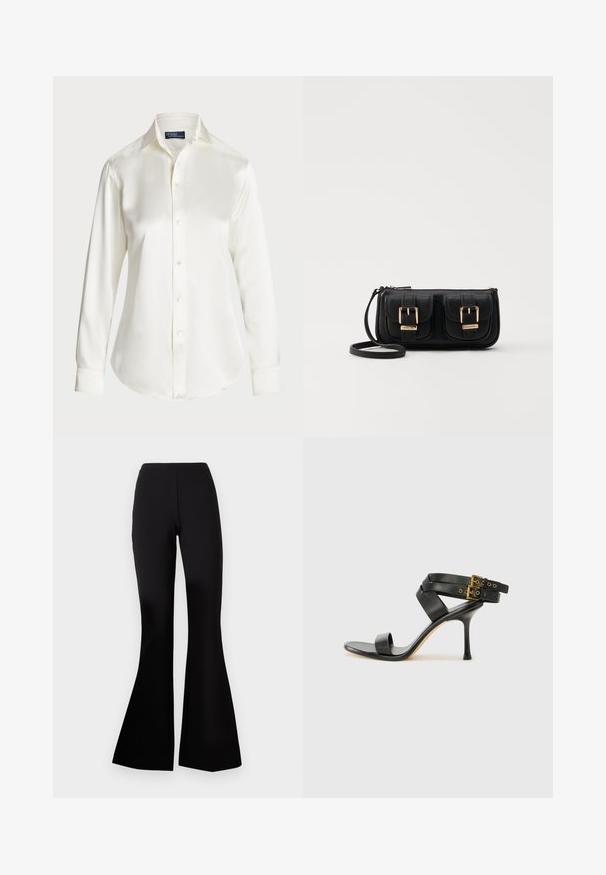Biela košeľa s dlhým rukávom a gombíkmi, vyrobená z hladkej látky, s klasickým golierom a jemným leskom, s okrúhlym lemom a gombíkovými detailmi.; Diane von Furstenberg GREGORY PANTS - Nohavice - black; Čierne sandále na podpätku s prekríženými popruhmi a nastaviteľnou prackou. Majú hladkú textúru a zúžený stiletto podpätok.; Čierna kožená crossbody taška s dvoma prednými vreckami, zlatými sponami, zipsovým uzatváraním a úzkym popruhom. Štruktúrovaný povrch a kompaktný obdĺžnikový tvar.