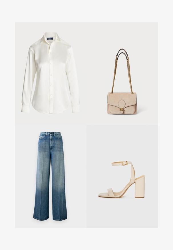 Cămașă albă cu mânecă lungă, dintr-un material neted, având un guler clasic și o strălucire subtilă, cu un tiv rotund și detalii cu nasturi.; Blugi decolorati de culoare bleu deschis, cu pantaloni largi, din denim. Prezintă o talie înaltă, design clasic cu cinci buzunare și un gradient decolorat de la închis la deschis.; Sandalie bej cu toc înalt, cu vârf pătrat, curea subțire în jurul gleznei și toc bloc. Textură de piele netedă cu detalii din cataramă aurie.; Geantă din suede bej cu curele din lanț auriu, formă rectangulară bine definită, detalii cusute și un accent cu logo auriu pe față.