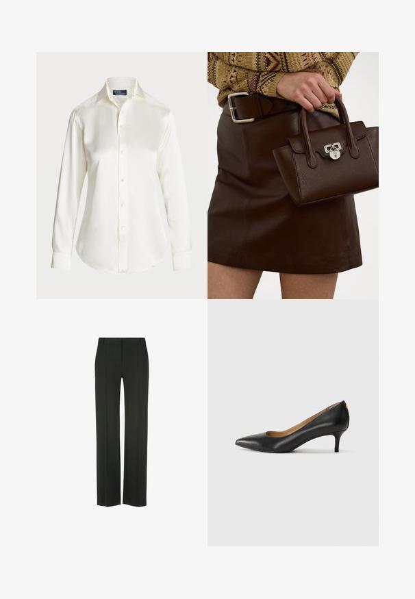 Fehér, hosszú ujjú, gombos ing, sima anyagból készült, klasszikus gallérral és visszafogott fényű felülettel, lekerekített hem és gomb részletekkel.; Fekete, bő, sima anyagú nadrág; lapos elülső része van, hajtásvonalakkal, övhurkokkal és igényes szabással.; Fekete bőrpumpa hegyes orral, alacsony sarokkal és sima felülettel. Elöl enyhe nyílással rendelkezik, hátul pedig minimális részletezéssel.; Barna bőr kézitáska texturált felülettel és ezüst színezetű fémalkatrészekkel, egy kézben tartva, mellette egy barna bőr szoknyával és mintás pulóverrel.