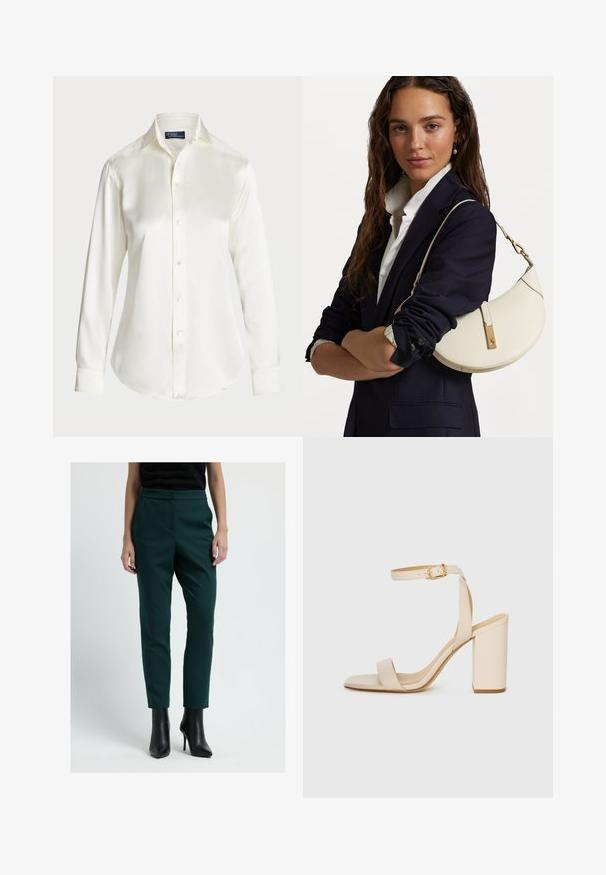 Biała koszula z długim rękawem, zapinana na guziki, wykonana z gładkiego materiału, z klasycznym kołnierzykiem i delikatnym połyskiem, z zaokrąglonym dołem i detalami w postaci guziczków.; Ciemnozielone, dopasowane spodnie o wąskim kroju, wykonane z gładkiego materiału. Posiadają wysoki stan i boczne kieszenie, zestawione z czarnymi botkami na obcasie.; Beżowe sandały na obcasie z kwadratowym noskiem, cienkim paskiem na kostce i słupkowym obcasem. Gładka skórzana faktura z detalem w postaci złotej klamry.; Biała skórzana torebka o zakrzywionym kształcie, ze złotymi akcentami i strukturalnym wykończeniem, noszona na ciemnej marynarce i białej koszuli.