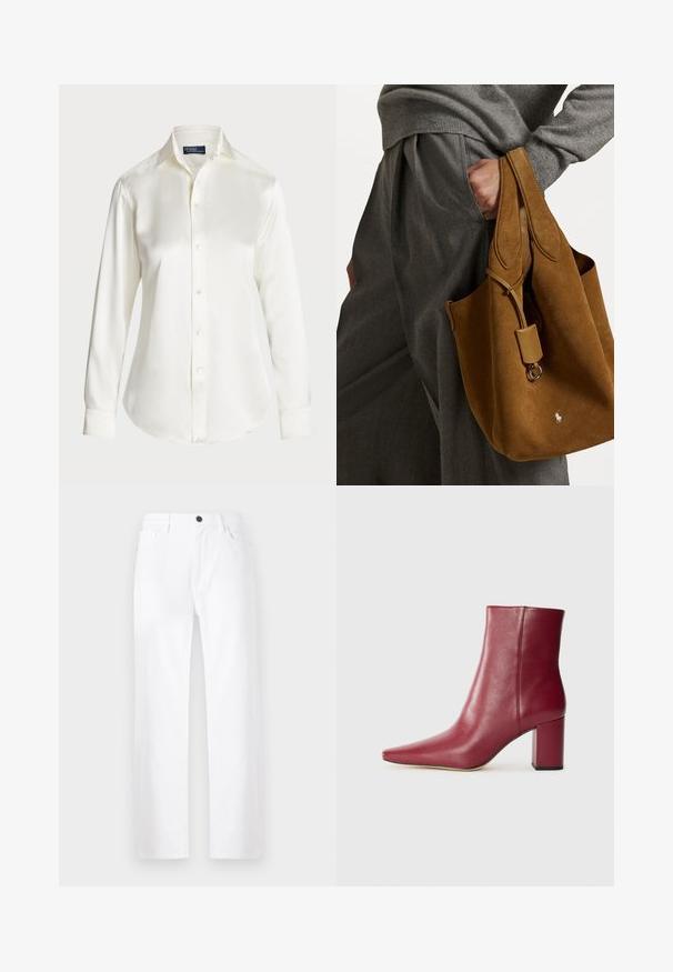Chemise blanche à manches longues, en tissu lisse, avec un col classique et un léger éclat, dotée d'un ourlet arrondi et de détails de boutons.; Pantalon en denim blanc à jambes larges, doté d'une fermeture à bouton, de poches avant et d'un design épuré sans motifs ni accents visibles.; Botte chelsea en cuir bordeaux avec un bout pointu, un talon bloc et une texture lisse, présentant un design sans couture sans matériel visible.; Sac fourre-tout en daim marron avec une forme arrondie, deux poignées et un accent en métal. Présente un petit logo sur le devant.