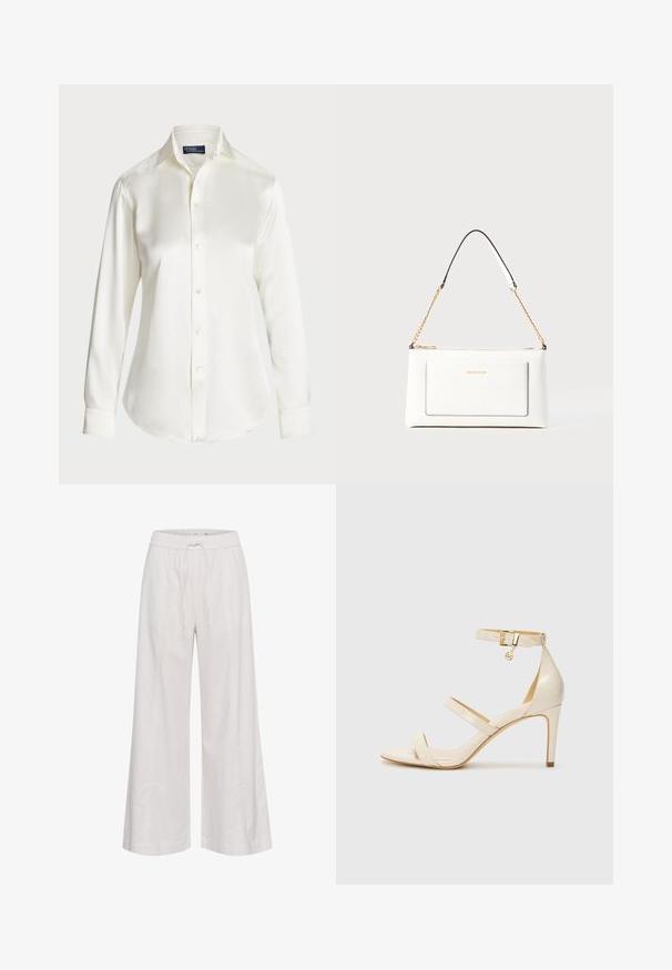 White long-sleeve button-up shirt, made of smooth fabric, featuring a classic collar and subtle shine, with a rounded hem and button details.; Wide-leg pants in soft white fabric, featuring an elastic waistband with a drawstring, smooth texture, and no additional embellishments.; Beige high-heeled sandals with thin ankle strap and two upper straps. Glossy patent finish and gold hardware detail on the ankle strap.; White leather handbag with a textured finish, featuring a gold chain strap and black accents. Includes a front pocket and zipper closure.