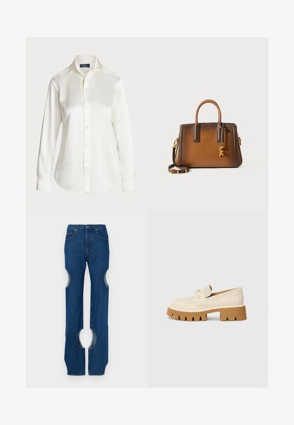 Bela dolgimi rokavi gumbasta srajca, izdelana iz gladkega materiala, z klasičnim ovratnikom in rahlim sijajem, okroglo krojena z gumbnimi detajli.; Temno modre denim jeans hlače z izrezanimi detajli na zunanji strani stegen, ravnim krojem hlačnic in kontrastnim šivanjem ob šivih.; Bež balerinke z teksturiranim kremnim trakom, ki imajo masiven rjav podplat z vzorcem, podoben zobom. Zlata dekoracija na podrobnosti s sponko.; Rjava usnjena torbica z dvema zgornjima ročajema, odstranljivim naramnicam, zlatim okovjem in dekorativnim čarom s črkami "MK."