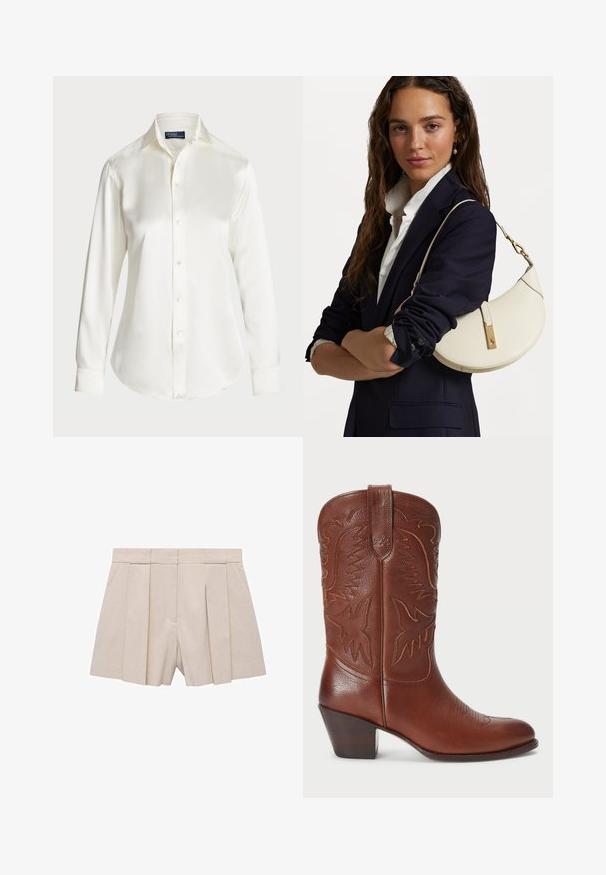 Bela dolgimi rokavi gumbasta srajca, izdelana iz gladkega materiala, z klasičnim ovratnikom in rahlim sijajem, okroglo krojena z gumbnimi detajli.; Bež kratke hlače z pregibi, oblikovane po meri, z visokim pasom in gladko teksturo. Štirje sprednji pregibi ustvarjajo volumen. Brez žepov.; Rjavi usnjeni kavbojski škorenj s koničastim nosom, embosirano zahodno oblikovanje in naložen peti. Vsebuje šiv in gladko teksturo.; Bela usnjena torbica s ukrivljeno obliko, z zlatimi dodatki in teksturirano površino, nošena čez temen blazer in belo srajco.