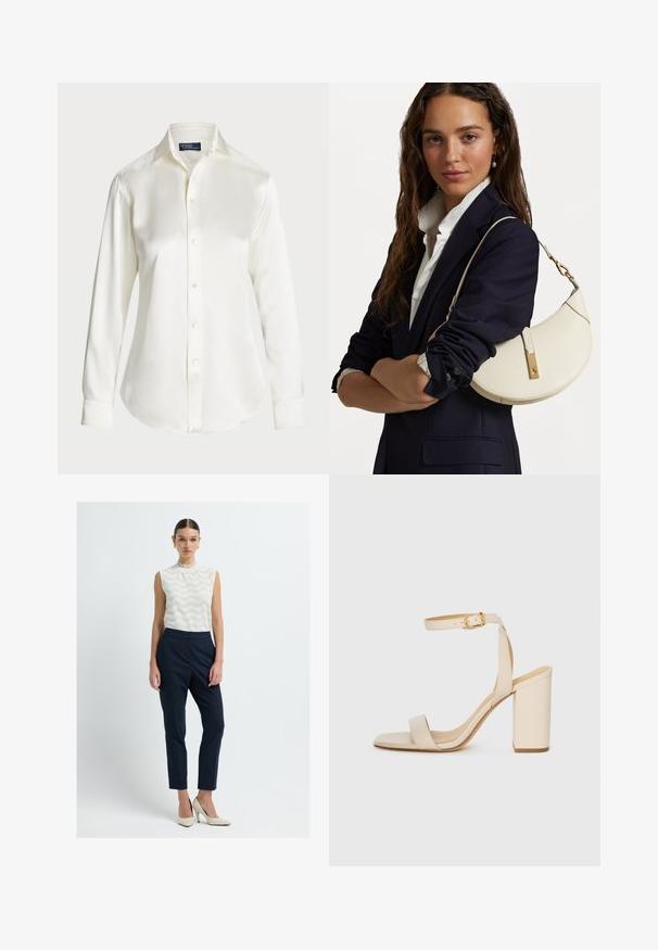 Witte lange mouwen overhemd met knopen, gemaakt van een gladde stof, met een klassieke kraag en subtiele glans, met een ronde zoom en knoopdetails.; Witte mouwloze top met chevronpatroon en ruches bij de halslijn, gecombineerd met marineblauwe broek met krijtstrepen en beige hoge hakken.; Beige hoge hakken sandaal met een vierkante neus, dunne enkelband en blokhak. Gladde leren textuur met een gouden sluiting.; Witte leren handtas met een ronde vorm, gouden details en een gestructureerde afwerking, gedragen over een donkere blazer en een wit shirt.