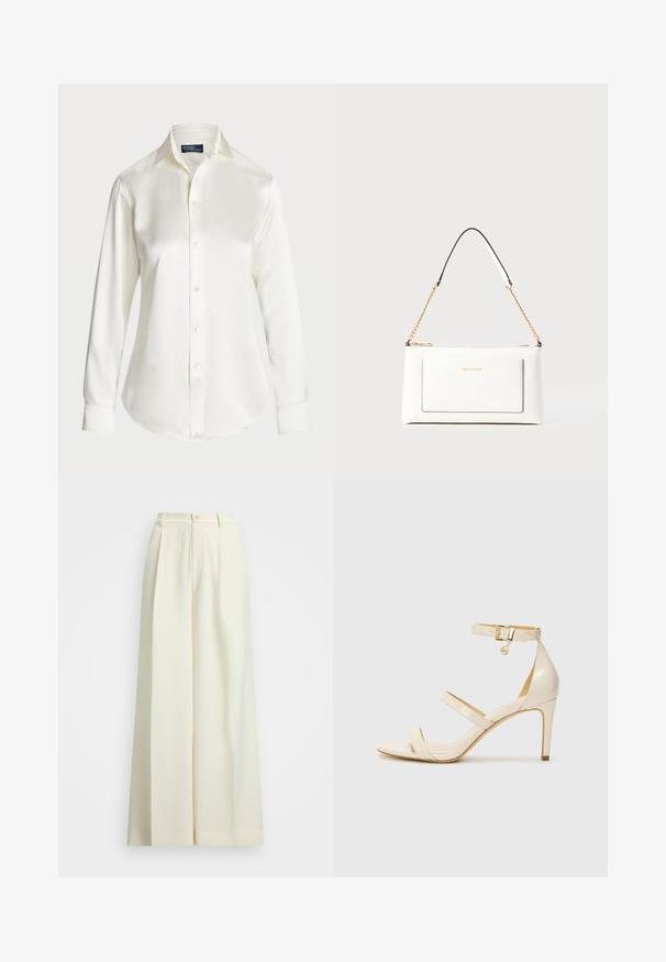 Bela dolgimi rokavi gumbasta srajca, izdelana iz gladkega materiala, z klasičnim ovratnikom in rahlim sijajem, okroglo krojena z gumbnimi detajli.; Hlače širokih nogavic iz ofsajd belega blaga, z visokim pasom, dvema plisama in gumbnim zapiranjem. Gladka tekstura in krojen design.; Bež čevlji na visoki peti s tankim trakcem okrog gležnja in dvema zgornjima trakoma. Sijajna lakirana površina in zlat detajl na trakcu okrog gležnja.; Bela usnjena torbica z teksturirano površino, ki vključuje zlat pas in črne detajle. Ima sprednji žep in zadrgo.