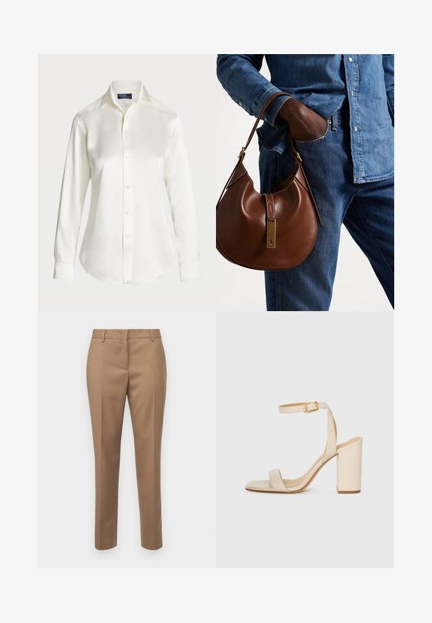 Biała koszula z długim rękawem, zapinana na guziki, wykonana z gładkiego materiału, z klasycznym kołnierzykiem i delikatnym połyskiem, z zaokrąglonym dołem i detalami w postaci guziczków.; Brązowe spodnie o dopasowanym kroju, z płaskim przodem i gładką fakturą. Posiadają boczne kieszenie i czyste zakończenie nogawek.; Beżowe sandały na obcasie z kwadratowym noskiem, cienkim paskiem na kostce i słupkowym obcasem. Gładka skórzana faktura z detalem w postaci złotej klamry.; Brązowa skórzana torba na ramię o luźnym fasonie, ze złotymi elementami i kontrastującym białym przeszyciem, trzymana przez osobę ubraną w dżins.