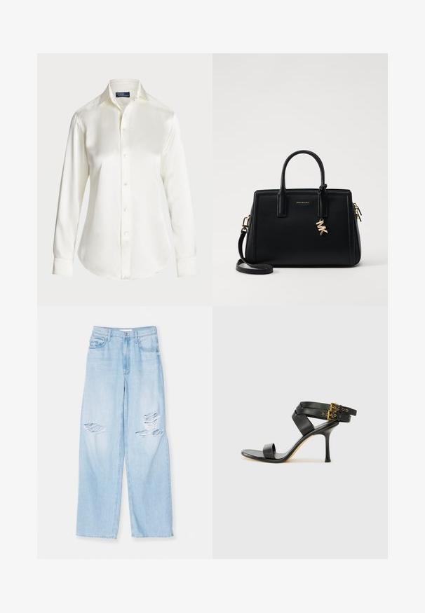 Bílá košile s dlouhým rukávem a knoflíkovým zapínáním, vyrobená z hladkého materiálu, s klasickým límcem a jemným leskem, s zaobleným spodním lemem a detaily na knoflících.; Světle modré široké džíny s vysokým pasem, se zkroucenými dírami na přední straně, vyrobené z džínsoviny s hladkým povrchem.; Černé sandály na podpatku s kříženými popruhy a nastavitelnou sponou. Mají hladký povrch a špičatý stiletto podpatek.; Černá kožená kabelka se strukturovaným designem, dvojitými horními uchy, odnímatelným ramenním popruhem, zlatými doplňky a akcentem ve formě logového charm.