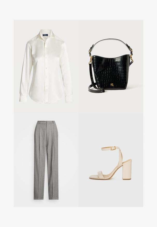 Hvid langærmet skjorte med knapper, lavet af glat stof, med en klassisk krave og subtil glans, rundet kant og knappedetaljer.; Polo Ralph Lauren FULL LENGTH PLEATED - Bukser - grey; Beige højhælede sandaler med firkantet tå, tynd ankelrem og blokhæl. Glat lædertekstur med detalje i guldspænde.; Sort lædertaske med krokodilleprægning, rundet form, guldhardware-detaljer, justerbar rem og logodekal foran.