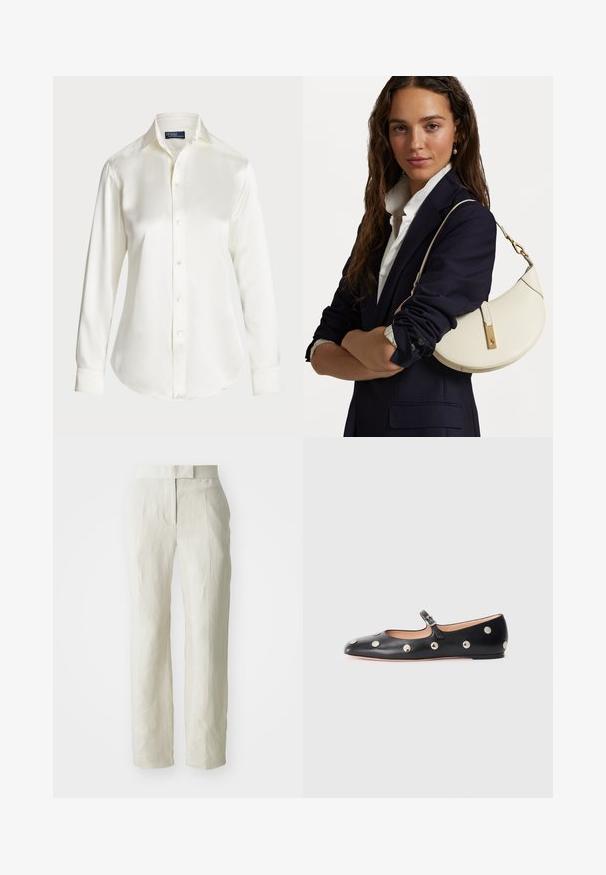 Fehér, hosszú ujjú, gombos ing, sima anyagból készült, klasszikus gallérral és visszafogott fényű felülettel, lekerekített hem és gomb részletekkel.; Fehér len nadrág, szabott fazonnal, lapos elülső résszel és egyenes lábakkal. Simább textúrájú, enyhe gyűrődési részletekkel.; Fekete bőr Mary Jane lapossarkú cipő, lekerekített orral, ezüst színű kör alakú szegecsekkel és állítható pánttal, csattal.; Fehér bőr táska ívelt formával, arany kiegészítőkkel és texturált felülettel, sötét zakó és fehér ing fölött viselve.
