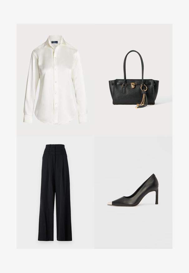Vit långärmad skjorta med knappar, tillverkad av ett mjukt tyg, med en klassisk krage och diskret glans, med rundad nederkant och knappp detaljer.; Svarta vida byxor med hög midja, med veck framtill och en slät yta. Inga synliga logotyper eller mönster.; Svart skinnsko med hög klack, spetsig tå och metallisk silverhätta. Har en slät yta och en smal klack på 10 cm.; Svart läderhandväska med dubbla handtag, guldlås och kedjedetalj, samt svart-vit tofsaccessoar mot vit bakgrund.