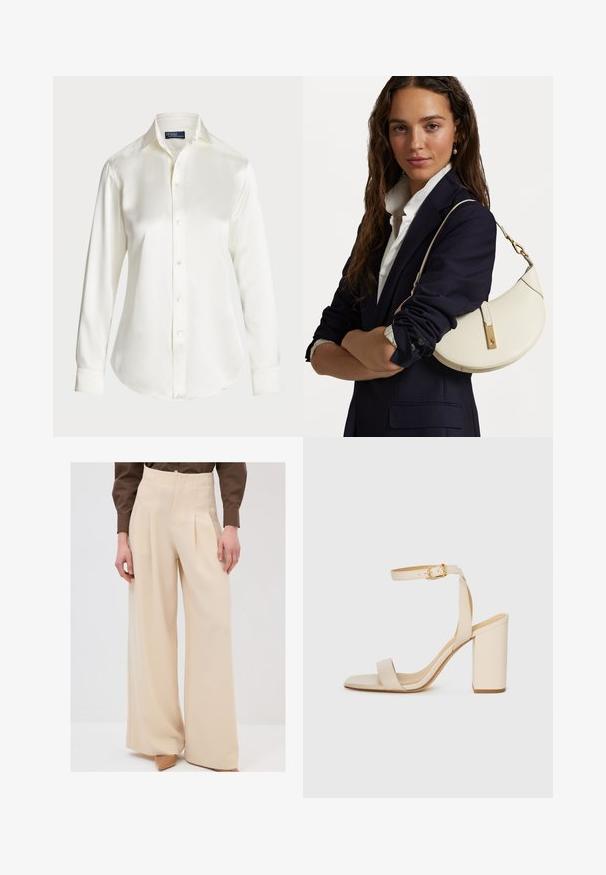 White long-sleeve button-up shirt, made of smooth fabric, featuring a classic collar and subtle shine, with a rounded hem and button details.; Beige wide-leg trousers with a high waist, pleats at the front, and a smooth texture, paired with light-colored heels.; Beige high-heeled sandal with a square toe, thin ankle strap, and block heel. Smooth leather texture with a gold buckle detail.; White leather handbag with a curved shape, gold hardware, and a textured finish, worn over a dark blazer and white shirt.