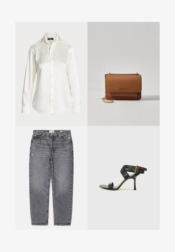White long-sleeve button-up shirt, made of smooth fabric, featuring a classic collar and subtle shine, with a rounded hem and button details.; Gray denim jeans with a straight fit, faded texture, slight distressing on the front, and a classic five-pocket design.; Black heeled sandal with crossed straps and adjustable buckle. Features a smooth texture and tapered stiletto heel.; Brown textured leather crossbody bag with gold chain strap and flap closure. Front features logo detail and a pocket under the flap.