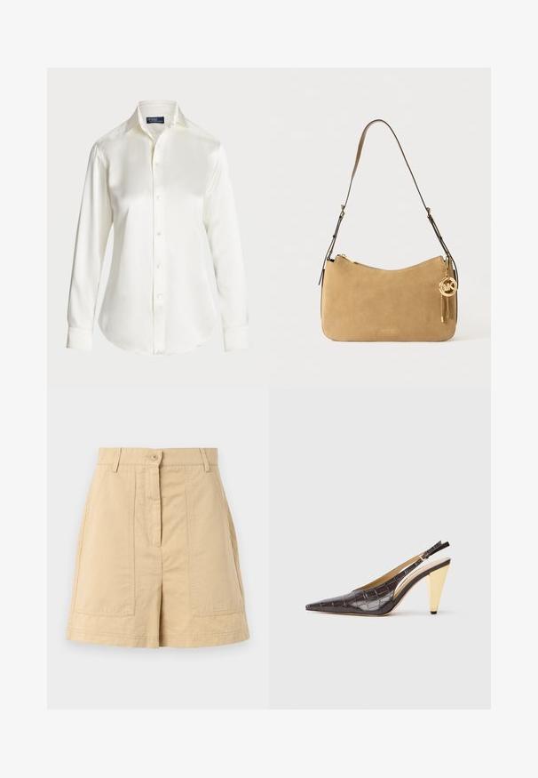 Biała koszula z długim rękawem, zapinana na guziki, wykonana z gładkiego materiału, z klasycznym kołnierzykiem i delikatnym połyskiem, z zaokrąglonym dołem i detalami w postaci guziczków.; Beżowe szorty bawełniane z wysokim stanem, z przodu na guziki, z szlufkami na pasek i dwoma przednimi kieszeniami naszywanymi. Gładka faktura i dopasowany krój.; Sandały na obcasie z przeszyciem w ciemnym brązowym lakierowanym faux krokodyle. Posiadają złoty geometrzyczny obcas oraz regulowany pasek wokół kostki.; Beżowa zamszowa torebka na ramię o zaokrąglonym kształcie, ze złotymi elementami i zamkiem błyskawicznym. Posiada dołączony charms z inicjałami "MK."