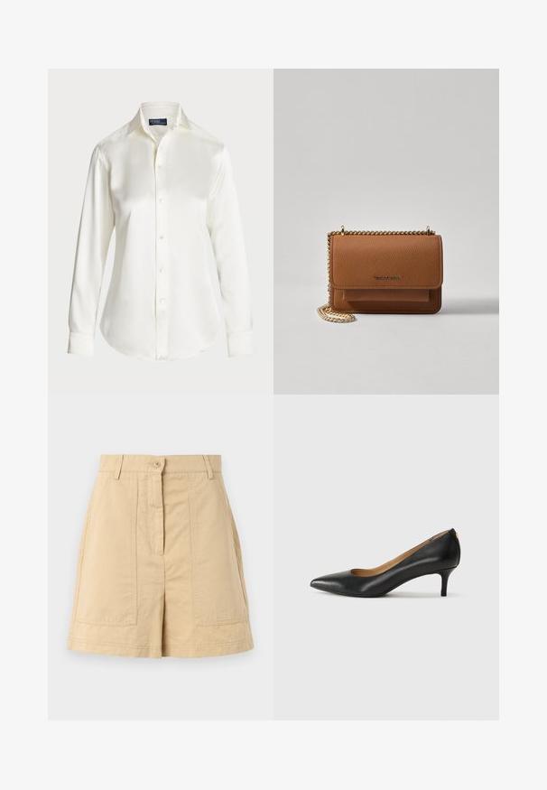 Chemise blanche à manches longues, en tissu lisse, avec un col classique et un léger éclat, dotée d'un ourlet arrondi et de détails de boutons.; Shorts en coton beige à taille haute, avec fermeture à bouton sur le devant, passants de ceinture et deux poches plaquées à l'avant. Texture lisse et design ajusté.; Pompe noire en cuir avec un embout pointu, un petit talon et une texture lisse. Présente une légère ouverture à l'avant et un matériel minimal à l'arrière.; Sac en cuir texturé marron en bandoulière avec une sangle en chaîne dorée et une fermeture à rabat. L'avant présente un détail de logo et une poche sous le rabat.
