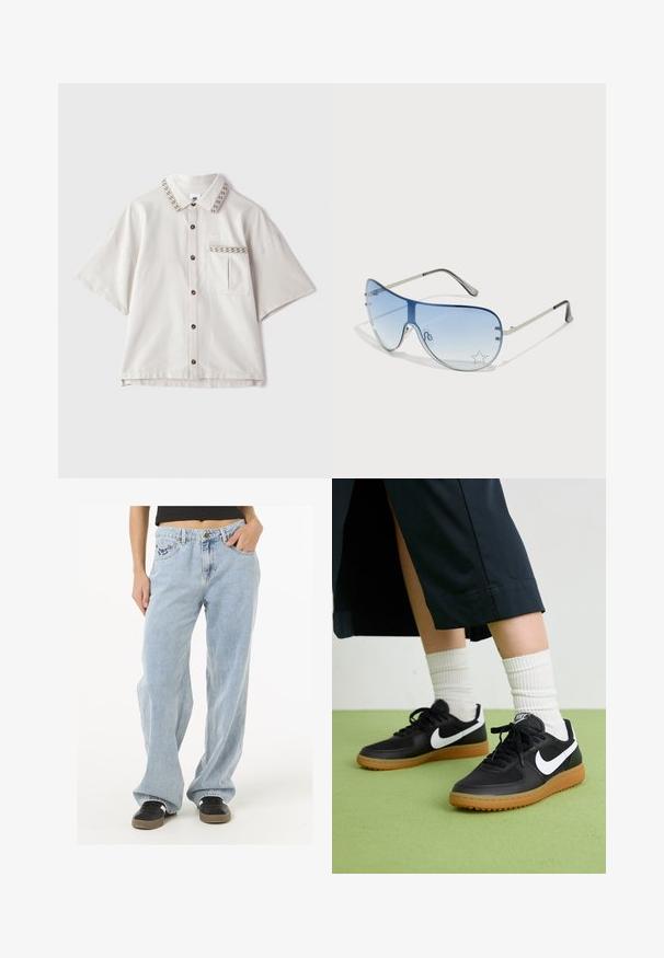 Lyhythihainen, kauluksellinen paita vaaleassa beigeessä kankagina. Ominaisuuksiin kuuluu ruskeat napit, tasku läpällä ja kuvioitu kaulusesi.; Vaaleansiniset farkut, joissa on rento leikkaus, viisi taskua, kultaiset yksityiskohdat ja hillitty brodeerattu logo etutaskussa.; Mustat nahka- ja synteettiset urheilukengät, joissa on valkoinen Nike-merkki, kuminen pohja, pyöreä kärki ja mustat nauhat. Raitapintaiset valkoiset sukat näkyvissä.; Aviator-mallin aurinkolasit, jotka ovat varustettu gradienttisilla sinisillä linsseillä, hopeisella metallikehyksellä ja koristeellisilla tähtikoristeilla linsseissä. Joustava ja viehättävä muotoilu.