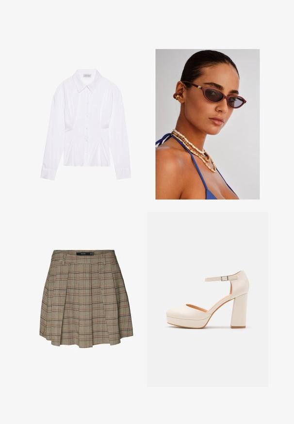 Blouse blanche à manches longues avec un col classique, fermeture à boutons sur le devant et détail froncé sur le côté. Tissu lisse avec une coupe ajustée.; Vero Moda VMELLIE MITTLERE TAILLE - Jupe trapèze - silver mink; Talons compensés de couleur crème avec un bout rond et une bride de cheville réglable. Présente un talon épais avec une légère accent en bois.; Lunettes de soleil marron en forme de chat avec des verres foncés, colliers en perles brunes délicats, et un haut en tissu bleu. Peau lisse avec un fini naturel.