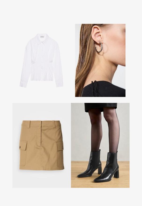 Bijela bluzica dugih rukava s klasičnom kragnom, prednjim kopčanjem na gumbe i nabranim detaljem sa strane. Glatka tkanina s krojem koji se dobro prilagođava.; Khaki pamučna suknja s uskim strukom, dvostrukim bočnim džepovima s preklopima i ravnim krojem. Izdržljiv materijal s glatkom teksturom.; Crne kožne gležnjače s šiljastim vrhom, robusnim četvrtastim potplatom i elegantnim dizajnom. Imaju elastične bočne panele za jednostavno oblačenje.; Srebrna kružna naušnica s poliranim završetkom, koja ima male zlatne detalje i okrugli oblik, nošena na uhu.