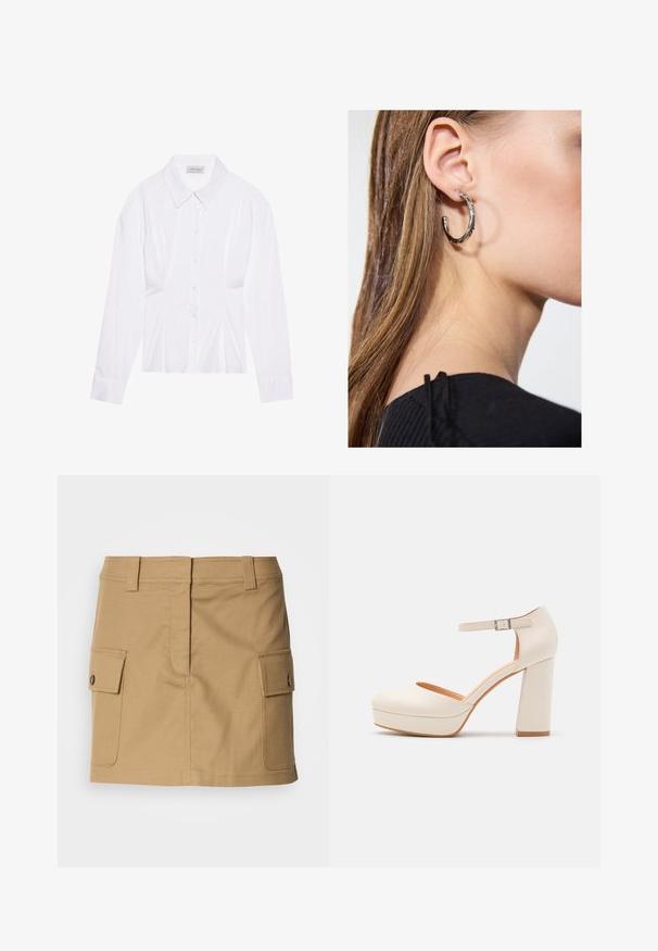 Bílá halenka s dlouhými rukávy a klasickým límečkem, zapínání na knoflíky vpředu a naříznutím po stranách. Hladká tkanina s tvarovaným střihem.; Khaki bavlněná sukně s úzkým pasem, dvojicí bočních kapes s klopami a rovný střih. Odolná tkanina s hladkou strukturou.; Krémové platformové podpatky s kulatou špičkou a nastavitelným páskem kolem kotníku. Mají silný blokový podpatek s jemným dřevěným akcentem.; Stříbrný kruhový náušník s lesklým povrchem, zdobený malými zlatými akcenty, v kulatém tvaru, nošený na lalůčku.