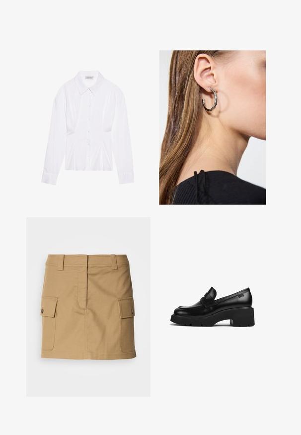 Valge pikkade varrukatega pluus klassikalise kraega, ees nööbiga sulgemine ja kokkuvõetud külgedega detail. Sile kangas ja kohandatud lõige.; Khaaki puuvillaseelik, millel on tihe vöökoht, kahe külje tasku klappidega ja sirge lõige. Vastupidav kangas sujuva tekstuuriga.; Must musta jalgadega must nahast lohvik, paksu tallaga ja rihmaga ülevalt, kujutatud külgvaates valgel taustal.; Hõbedane rõngas kõrvarõngas poleeritud viimistlusega, millel on väikesed kuldsed aktsendid ja ümmargune kuju, kantud lobus.