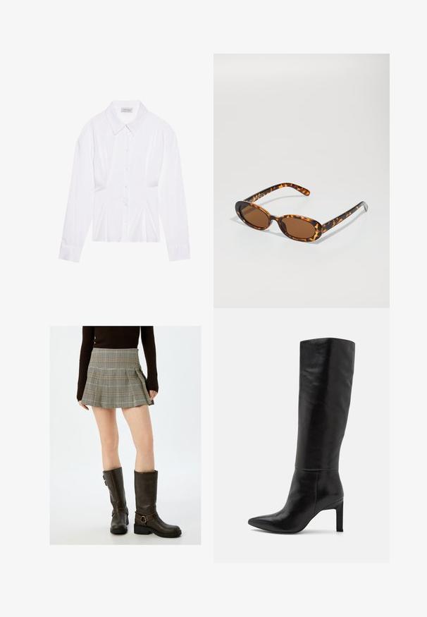 Hvid langærmet bluse med klassisk krave, knaplukning foran og samlede side detaljer. Glat stof med en skræddersyet form.; Rutig mini nederdel i beige og sort, med plisseringer og en tætsiddende talje. Kombineret med knæhøje brune læderstøvler med spænder.; Knæhøje sorte læder stiletto-støvler med spids tå og glat tekstur. Hælen er i blokstil, hvilket tilføjer stabilitet til designet.; Skildpadde-solbriller med ovale stel, brune linser og slanke sorte arme med diskrete mønster-indsatser.; Brun faux læder skuldertaske med buet form, minimal syning og en guldtonet hardwaredetalje. Har en top lynlåslukning og justerbar rem.; Sort rustfrit stål ur med et rundt hus, guld markører og visere. Uret har et metalkæde med børstet finish.