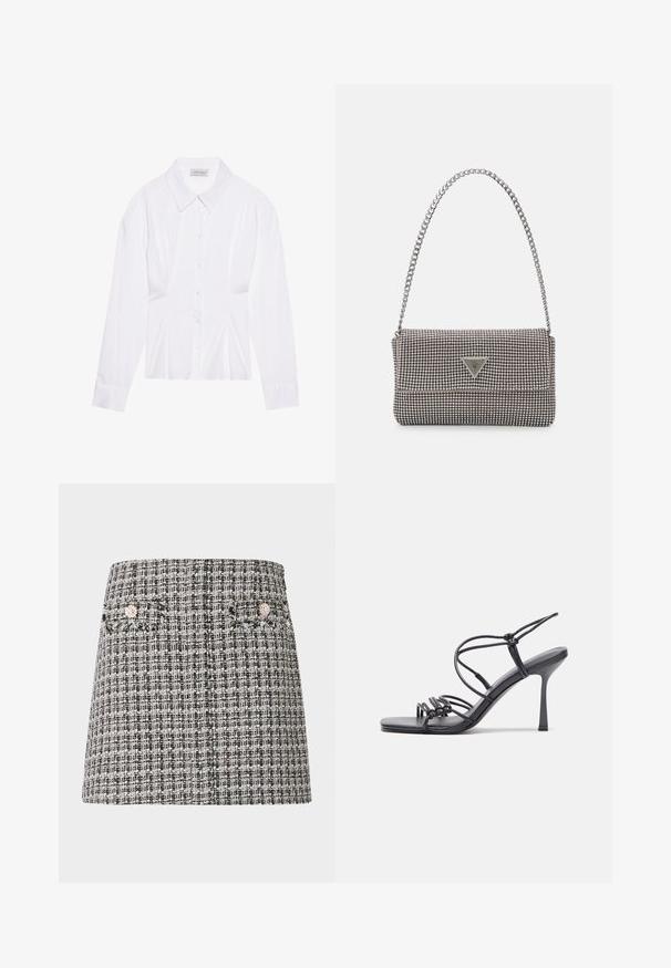 Bluză albă cu mâneci lungi, cu guler clasic, închidere cu butoane pe față și detalii pliate pe lateral. Fabrică netedă cu o croială ajustată.; Fustă mini din tweed alb-negru cu un model texturat. Are două buzunare mici cu elemente decorative.; Sandale negre cu toc înalt au curele subțiri cu un design legat, un vârf pătrat neted și un toc stiletto elegant.; Geantă metalică gri deschis, cu un strap din lanț, decorată cu mici ținte circulare metalice și un logo de marcă triangular.; Cercei rotunzi din argint cu un finisaj neted și strălucitor. Design ușor, având o formă rotundă și închidere cu tijă.