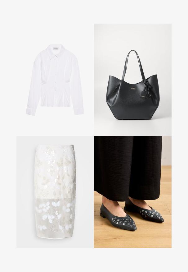 Valkoinen pitkähiha blouse, jossa on klassinen kaulus, etuvetoketju ja ryppyinen sivudetalji. Pehmeä kangas ja muotoiltu leikkaus.; Knee-length skirt in cream with a floral sequined pattern. Semi-transparent top layer, lined underneath. Smooth texture with various white embellishments.; Mustat nahkakengät, joissa on kärjellinen malli, vaihtelevia kokoja olevilla metallisilla niiteillä ja matala neliönmallinen korko. Sujuva pinta puulattialla.; Musta kassi, joka on valmistettu tekstuurisesta synteettisestä materiaalista ja jolla on leveä muotoilu. Kassi on varustettu kahdella kahvalla ja brändätyllä riipuksella.; Hopea renkaankorvakoru kiiltävällä pinnalla, jossa on pieniä kultaisia yksityiskohtia ja pyöreä muoto, käytetty korvalla.