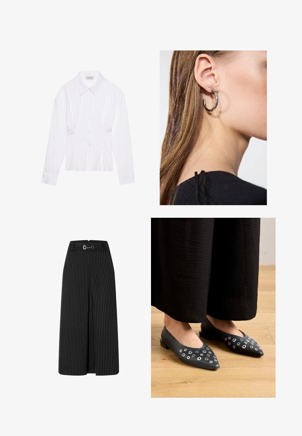 Weiße Bluse mit langen Ärmeln, klassischem Kragen, vorderer Knopfleiste und gerafftem Seitendetail. Glattes Material mit taillierter Form.; Schwarze weit geschnittene Hose mit weißen Nadelstreifen, ausgestattet mit einem Reißverschluss und einem Gürtel mit einer silbernen Schnalle. Glattes Material mit einem strukturierten Design.; Schwarze Lederballerinas mit spitzem Zehenbereich, die mit Metallösen in verschiedenen Größen verziert sind, sowie einem niedrigen, quadratischen Absatz. Glatte Textur auf Holzboden.; Silberne Creolen mit polierter Oberfläche, die kleine goldene Akzentdetails und eine runde Form aufweisen, am Ohrläppchen getragen.