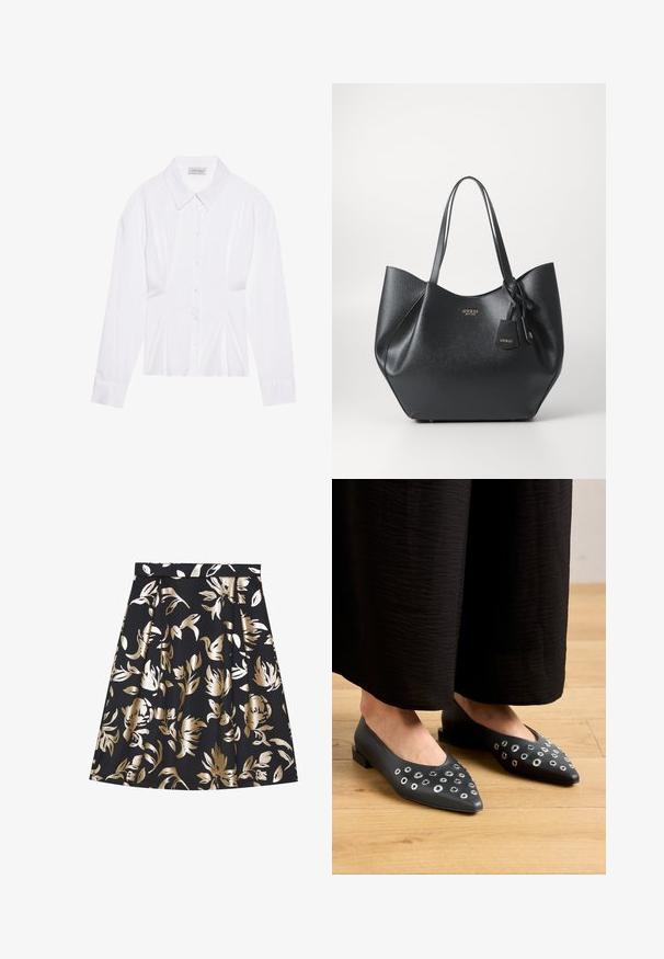 Bluză albă cu mâneci lungi, cu guler clasic, închidere cu butoane pe față și detalii pliate pe lateral. Fabrică netedă cu o croială ajustată.; Anna Field Fustă în formă de A - black; Balerini din piele neagră, cu vârful ascuțit, evidențiate de accesorii metalice în dimensiuni variate și cu un toc pătrat mic. Textură netedă pe podeaua din lemn.; Geantă tote neagră din material sintetic texturat, cu o siluetă largă, având două mânere și un detaliu de pandantiv cu marcă.