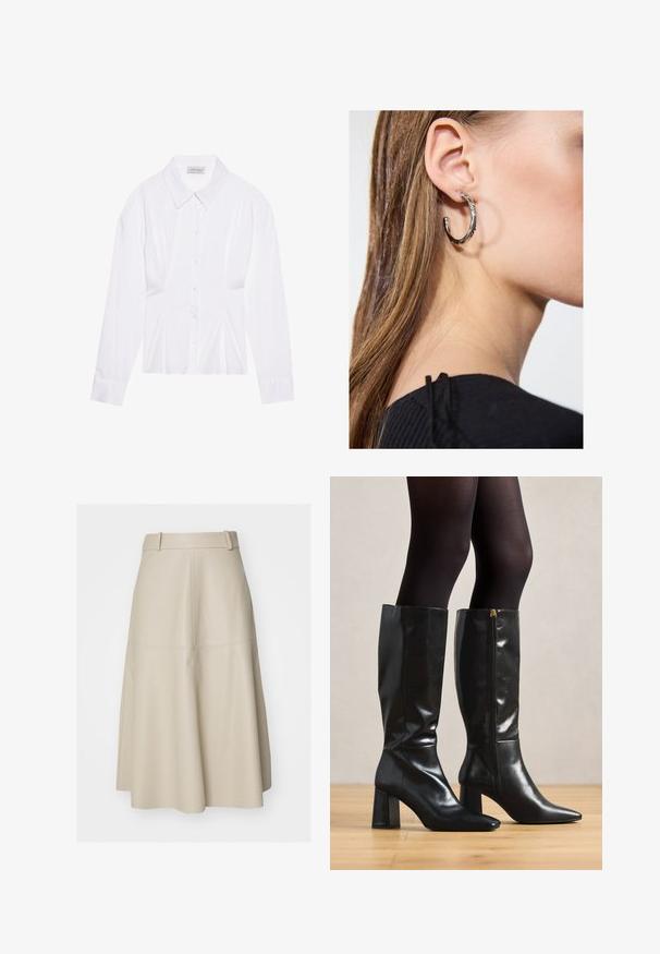 Bijela bluzica dugih rukava s klasičnom kragnom, prednjim kopčanjem na gumbe i nabranim detaljem sa strane. Glatka tkanina s krojem koji se dobro prilagođava.; Bež suknja A-linije od kože s prilagođenim strukom, suptilnom teksturom i detaljima šavova, koja pada do sredine tele.; Crne čizme od kože do koljena s sjajnom površinom, šiljastim vrhom i debelim potplatom. Bočni patentni zatvarač za jednostavno obuvanje.; Srebrna kružna naušnica s poliranim završetkom, koja ima male zlatne detalje i okrugli oblik, nošena na uhu.