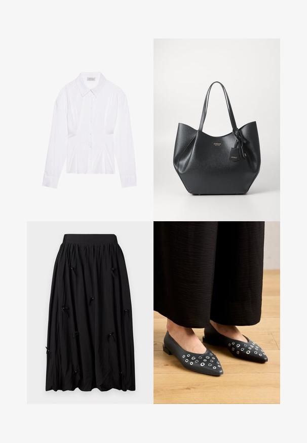 Biela blúzka s dlhým rukávom a klasickým golierom, so zapínaním na gombíky vpredu a detailom so zberaním na boku. Hladká tkanina s prispôsobeným strihom.; Čierna sukňa z jemnej látky, s na gathered pásom, po kolená a s malými mašľami so sklenenými korálkami v intervaloch.; Čierne kožené baleríny s špicatou špičkou, ozdobené kovovými očkami rôznych veľkostí a s nízkym štvorcovým podpätkom. Hladký povrch na drevenej podlahe.; Čierna taška na rameno vyrobená z textúrovaného syntetického materiálu s širokým siluetom, s dvojitými uchami a detailom s logom.; Strieborná kruhová náušnica s lesklým povrchom, obsahujúca malé zlaté akcenty a okrúhly tvar, nosená na lalôčiku ucha.