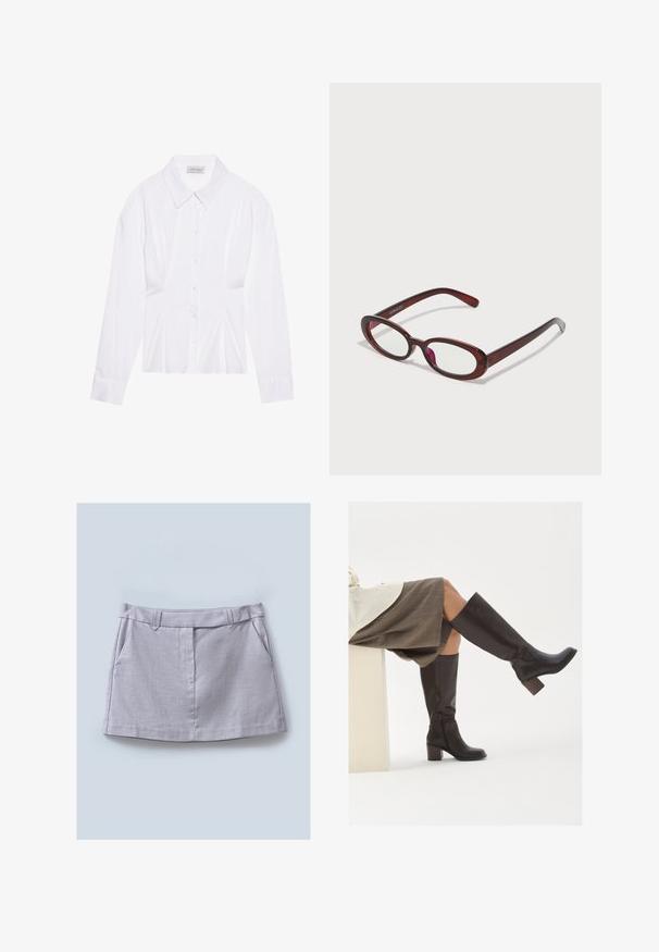 Blusa bianca a maniche lunghe con colletto classico, chiusura frontale con bottoni e dettaglio arricciato sui lati. Tessuto liscio con una forma sartoriale.; Gonna grigia con una texture liscia, dotata di una vita piatta, due tasche frontali e un design dritto.; Stivali marroni in pelle alti fino al ginocchio, con punta quadrata, tacco spesso e zip laterale. Texture liscia con finitura lucida.; Occhiali da sole rotondi di colore rosso con lenti trasparenti e montatura marrone elegante. Il design presenta curve sottili e hardware minimale.