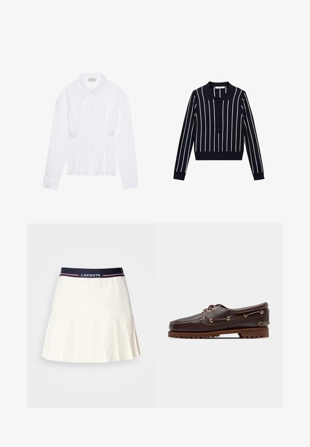 Bílá halenka s dlouhými rukávy a klasickým límečkem, zapínání na knoflíky vpředu a naříznutím po stranách. Hladká tkanina s tvarovaným střihem.; Námořnické polo tričko s dlouhým rukávem, které má bílé vertikální pruhy, límečkový výstřih a zapínání na knoflíky. Přiléhavý střih s žebrovanými manžetami.; Bílá skládací sukně s námořnickým pasem, na kterém je logo Lacoste a červené akcenty. Vyrobena z hladkého, měkkého materiálu.; Hnědé kožené lodní boty se zlatými očky, kulatými tkaničkami a texturovanou hnědou gumovou podrážkou. Obsahují zašitý detail a vyvýšené logo.