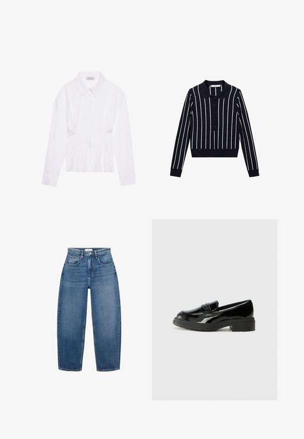White long-sleeve blouse with a classic collar, front button closure, and gathered side detail. Smooth fabric with a tailored shape.; Navy long-sleeve polo shirt featuring white vertical stripes, a collared neckline, and a button-down front. Fitted silhouette with ribbed cuffs.; High-waisted blue denim jeans with a straight leg design, featuring five pockets, belt loops, and subtle fading for added texture.; Black patent leather loafers with a thick black rubber sole, featuring a stitched vamp and smooth, shiny surface.