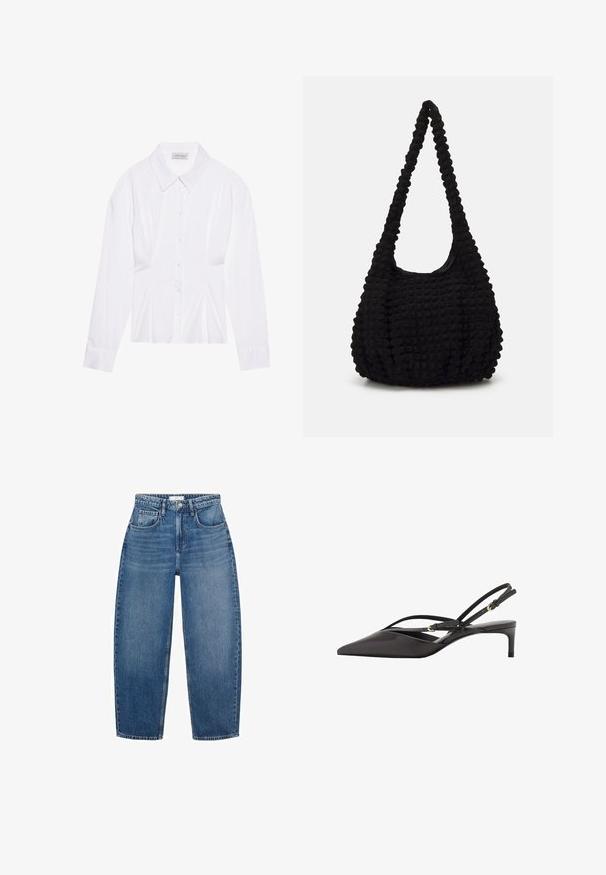 Valkoinen pitkähiha blouse, jossa on klassinen kaulus, etuvetoketju ja ryppyinen sivudetalji. Pehmeä kangas ja muotoiltu leikkaus.; Laivastonsininen pitkähihainen polo paita, jossa on valkoiset pystysuorat raidat, kauluksellinen kaulus ja nappikiinnitys edessä. Istuva siluetti ja ribbireunukset hihansuissa.; Korkeavyötäröiset siniset farkut suoralla lahkeella, joissa on viisi taskua, vyölenkit ja hienovarainen kuluminen tekstuurin lisäämiseksi.; Mustat nahkaiset slingback-korkokengät, joissa on terävä pää, hoikat nilkkahihnat ja matala stiletto-korko. Sujuva pinta ja minimalistinen muotoilu.; Musta teksturoitu kangaskassi, jossa on yksi kierretty hihna, paksuhko muoto ja rypytetty pinnan suunnittelu.