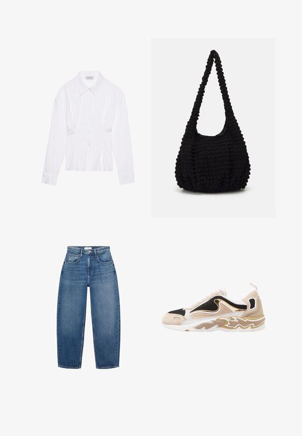 Hvid langærmet bluse med klassisk krave, knaplukning foran og samlede side detaljer. Glat stof med en skræddersyet form.; Højtaljede blå denimjeans med lige ben-design, der har fem lommer, bælteløkker og subtilt slid for ekstra tekstur.; Sneaker med en overdel i sort mesh, tan nubuck-detaljer og en guldmetallic detalje. Har en hvid sål med et bølgemønster.; Sort tekstureret stofpose med en enkelt snoet rem, der har en fyldig form og sammensnørt overfladedesign.