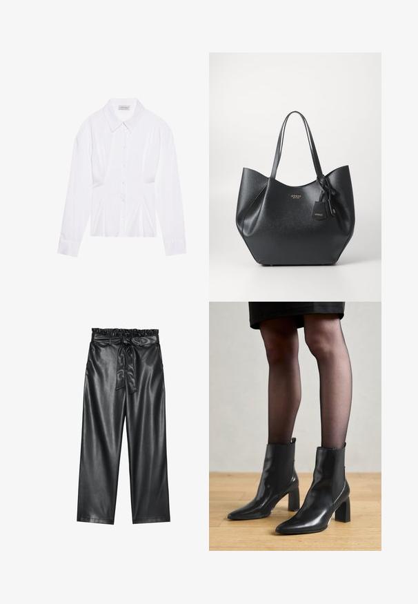 Bela bluzica z dolgimi rokavi s klasičnim ovratnikom, sprednjim zapenjanjem na gumbe in nabranimi stranskimi detajli. Gladek material s krojem, ki se prilega.; Črne široke hlače iz umetnega usnja z elastičnim, nabranim pasom in snemljivim pasom. Gladka tekstura in minimalen sijaj.; Črne usnjene gležnjarje s koničastim nosom, masivnim kvadratnim petam in sleek oblikovanjem. Imajo elastične stranske panele za enostavno obuvanje.; Črna torba iz strukturiranega sintetičnega materiala z široko silhueto, ki ima dvojne ročaje in podrobnost z blagovno znamko.; Srebrna obročasta uhana s polirano površino, ki vključuje majhne zlate poudarke in okroglo obliko, nošena na ušesnem lobu.