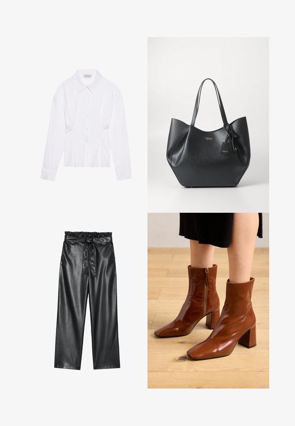 Bela bluzica z dolgimi rokavi s klasičnim ovratnikom, sprednjim zapenjanjem na gumbe in nabranimi stranskimi detajli. Gladek material s krojem, ki se prilega.; Črne široke hlače iz umetnega usnja z elastičnim, nabranim pasom in snemljivim pasom. Gladka tekstura in minimalen sijaj.; Rjave usnjene gležnjarje s sijajno površino, kvadratnim prstom, blok peto in stransko zadrgo, postavljene na svetlo leseno tla.; Črna torba iz strukturiranega sintetičnega materiala z široko silhueto, ki ima dvojne ročaje in podrobnost z blagovno znamko.; Srebrna obročasta uhana s polirano površino, ki vključuje majhne zlate poudarke in okroglo obliko, nošena na ušesnem lobu.