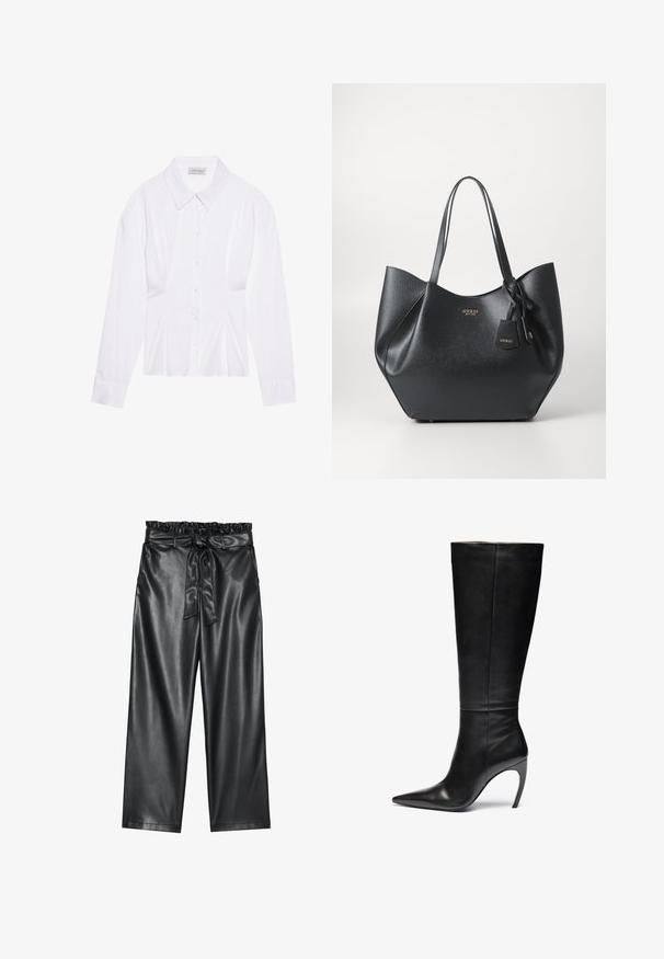 Hvid langærmet bluse med klassisk krave, knaplukning foran og samlede side detaljer. Glat stof med en skræddersyet form.; Sorte faux læder bukser med bred ben, elastisk, flæset talje og en aftagelig bælte. Glat tekstur og minimal glans.; Sorte læder knæhøje støvler med spids tå og høj stilettohæl; slank, glat tekstur med subtile sømme og ingen synlig hardware.; Sort tote-tasker lavet af struktureret syntetisk materiale med en bred silhuet, der har dobbelte håndtag og en mærkeballade detalje.; Sølv hoop ørestik med en poleret overflade, prydet med små guld accenter og en rund form, båret på øreflippen.