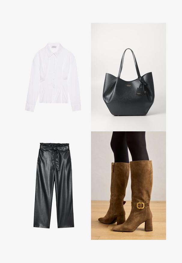 Balta ilgomis rankovėmis bluzelė su klasikiniu apykaklės dizainu, priekyje su sagų uždarymu ir susiraukšlėjimu šoniniuose detalėse. Lygaus audinio, pritaikyta forma.; Juoda dirbtinės odos plačių kojų kelnės su elastingu, pūkuotu liemeniu ir nuimamu raišteliu. Lygus paviršius ir minimalus blizgesys.; Kelių aukščio rudi zomšiniai batai su kvadratine auksine sagtimi, stambiu kulnu ir siauru nose, su šoniniu užtrauktuku, kad būtų lengviau užsidėti.; Juodas nepriekaištingas maišelis, pagamintas iš tekstūruotos sintetinės medžiagos, su plačia siluetu, turintis dvi rankenas ir prekės ženklą atspindinčią pakabą.; Sidabrinė lankinė auskarai su poliruotu paviršiumi, turintys mažus auksinius akcentus ir apvalią formą, dėvimi ant ausies kaušelio.