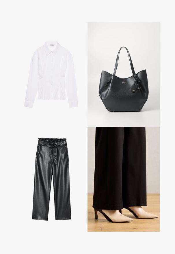 Blusa branca de manga longa com colarinho clássico, fecho frontal com botões e detalhe franzido nas laterais. Tecido suave com um corte ajustado.; Calças largas de imitação de pele preta com uma cintura elástica e franzida, e um cinto removível. Textura suave e brilho minimal.; Saltos agudos em bege e preto com um design elegante, apresentando um bloco de cor contrastante e um pequeno salto resistente.; Saco tote preto feito de material sintético texturizado com uma silhueta ampla, apresentando alças duplas e um detalhe de pendente com a marca.; Brinco de argola prateada com acabamento polido, apresentando pequenos detalhes em dourado e uma forma redonda, usado na orelha.