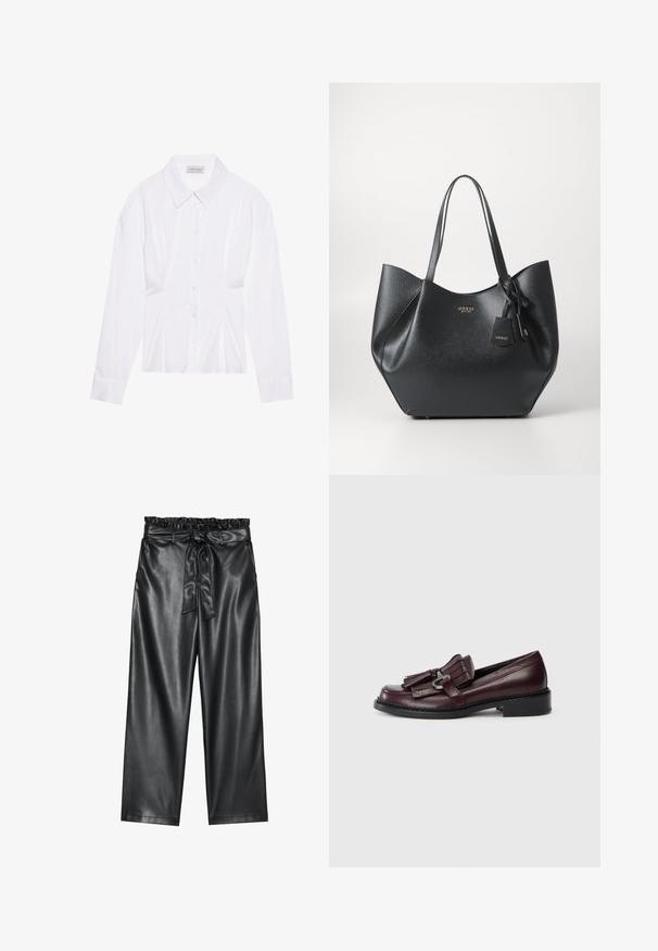 Witte blouse met lange mouwen en een klassieke kraag, met een sluiting aan de voorkant met knopen en geplooide details aan de zijkant. Glad materiaal met een getailleerde pasvorm.; Zwarte faux leren wijde broek met een elastische, gerimpelde tailleband en een afneembare strikriem. Gladde textuur en minimale glans.; Bordeaux leren loafers met een franjerand, ronde neus en een lage, solide zwarte hak. Gedetailleerde stiksels langs de zool.; Zwarte shoppingtas van gestructureerd synthetisch materiaal met een brede silhouet, voorzien van dubbele handvatten en een merkpendant detail.; Zilveren oorbel met een gepolijste afwerking, met kleine gouden accentdetails en een ronde vorm, gedragen op de oorlel.