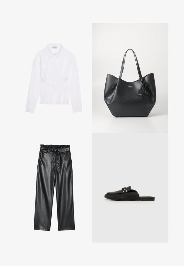 Balta ilgomis rankovėmis bluzelė su klasikiniu apykaklės dizainu, priekyje su sagų uždarymu ir susiraukšlėjimu šoniniuose detalėse. Lygaus audinio, pritaikyta forma.; Juoda dirbtinės odos plačių kojų kelnės su elastingu, pūkuotu liemeniu ir nuimamu raišteliu. Lygus paviršius ir minimalus blizgesys.; Juodas slip-on tipo batelis, pagamintas iš lygios odos. Turi apvalų nosį, dekoratyvią pintą juostelę ir mažą auksinį akcentą. Plokščias padas.; Juodas nepriekaištingas maišelis, pagamintas iš tekstūruotos sintetinės medžiagos, su plačia siluetu, turintis dvi rankenas ir prekės ženklą atspindinčią pakabą.; Sidabrinė lankinė auskarai su poliruotu paviršiumi, turintys mažus auksinius akcentus ir apvalią formą, dėvimi ant ausies kaušelio.