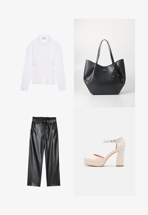 Bijela bluzica dugih rukava s klasičnom kragnom, prednjim kopčanjem na gumbe i nabranim detaljem sa strane. Glatka tkanina s krojem koji se dobro prilagođava.; Crne hlače širokih nogavica od umjetne kože s elastičnim, nabranim pojasom i odvojivim remenom. Glatka tekstura i minimalni sjaj.; Kremaste platforme sa zaobljenim prstima i podesivom naramenicom oko članka. Poseduje deblji blok potpeticu s blagim drvenim akcentom.; Crna torba s dugim handles, izrađena od teksturiranog sintetičkog materijala s širokim siluetom, ukrašena detaljem s oznakom brenda.; Srebrna kružna naušnica s poliranim završetkom, koja ima male zlatne detalje i okrugli oblik, nošena na uhu.