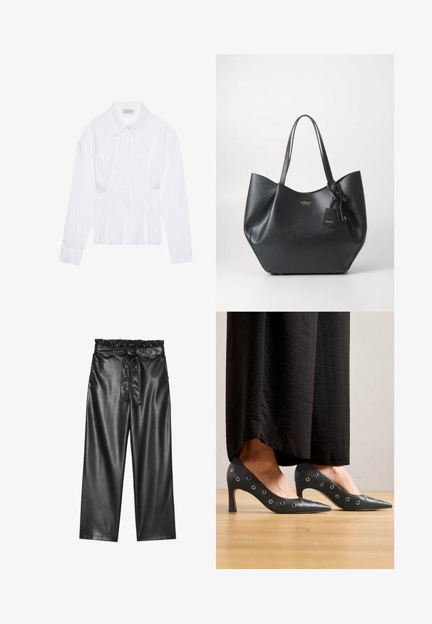 Vit långärmad blus med klassisk krage, framtill knäppning och insidan med rynkning. Slät tyg med skräddarsydd passform.; Svarta fusk-läder byxor med vida ben, elastisk och volangmidja, samt ett avtagbart bälte. Slät textur och minimal lyster.; Svarta läderhögklackade skor med spetsig tådesign, utrustade med metallöglor längs sidorna och en smal stilettklack.; Svart tote-väska i texturerat syntetmaterial med bred silhuett, som har dubbla handtag och en märkesdetalj i form av en berlock.; Silverörhänge med polerad yta, med små detaljer i guld och rund form, bärs på loben.