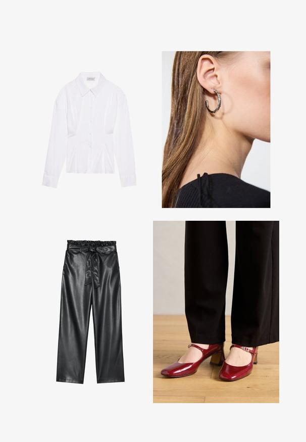 Bluză albă cu mâneci lungi, cu guler clasic, închidere cu butoane pe față și detalii pliate pe lateral. Fabrică netedă cu o croială ajustată.; Pantaloni largi din piele ecologică negri, cu un talie elastică, cu volane, și un curea detasabilă. Textură netedă și luciu minim.; Cizme cu toc Mary Jane din piele patent roșie, cu vârf pătrat, o curea pe gamba piciorului și un toc mic. Purtați cu pantaloni negri.; Cercel din argint cu un finisaj polișat, având detalii mici din aur și o formă rotundă, purtat pe lobul urechii.
